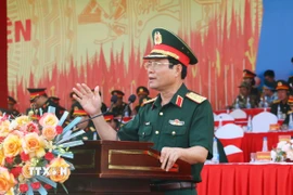 Đại tướng Nguyễn Tân Cương, Ủy viên Trung ương Đảng, Tổng Tham mưu trưởng Quân đội Nhân dân Việt Nam, Thứ trưởng Thứ trưởng Bộ Quốc phòng, phát biểu. (Ảnh: Sỹ Tuyên/TTXVN)