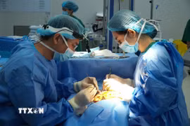 Bác sỹ Bệnh viện Quân y 175 (TP Hồ Chí Minh) thực hiện phẫu thuật vi phẫu tái tạo lưỡi cho bệnh nhân ung thư. (Ảnh: TTXVN phát)