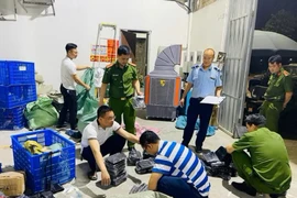 Lực lượng chức năng tiến hành kiểm tra đối với Công ty TNHH thương mại và Xuất nhập khẩu quốc tế Vĩnh Phát. (Nguồn: TTXVN)