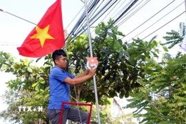 Thanh niên Cần Thơ gắn logo Đoàn Thanh niên và chỉnh trang các trụ cờ. (Ảnh: Trung Kiên/TTXVN)