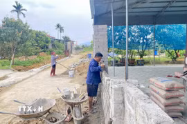 Người dân tại thôn Vĩnh Phúc, tỉnh Hà Tĩnh, xây dựng lại hàng rào sau khi hiến đất. (Ảnh: Hữu Quyết/TTXVN)