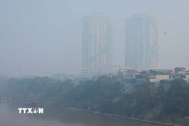 Các tòa nhà tại quận Long Biên (Hà Nội) chìm trong làn sương mù và bụi do ô nhiễm, sáng 2/1 vừa qua. (Ảnh: Hoàng Hiếu/TTXVN)