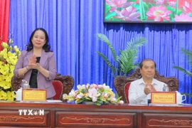Phó Chủ tịch nước Võ Thị Ánh Xuân tại buổi tiếp xúc cử tri thành phố Long Xuyên, tỉnh An Giang. (Ảnh: Công Mạo/TTXVN)