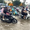 Nước dâng sớm, rút chậm trên đường Phạm Hữu Lầu, kéo dài từ cầu Phước Long đến đường Huỳnh Tấn Phát (Thành phố Hồ Chí Minh) khiến các phương tiện di chuyển chậm, khó khăn. (Ảnh: Hương Giang/TTXVN)