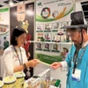 Khách tìm hiểu về sản phẩm ống hút gạo của Việt Nam. (Ảnh: Mạc Luyện/TTXVN)