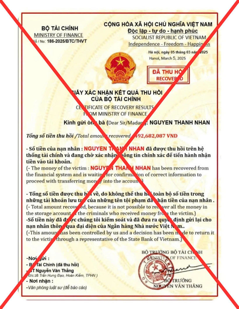 Một văn bản giả mạo con dấu, chữ ký của Bộ trưởng Bộ Tài chính. (Ảnh: BTC)