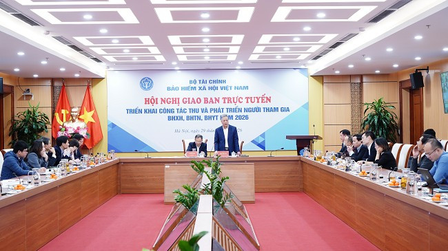 Hội nghị trực tuyến toàn quốc nhằm triển khai công tác thu và phát triển người tham gia bảo hiểm xã hội, bảo hiểm y tế, bảo hiểm thất nghiệp năm 2026. (Ảnh: BHXH)