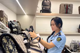 Lực lượng Quản lý thị trường kiểm tra hàng hóa. (Ảnh: PV/Vietnam+)