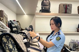 Lực lượng Quản lý thị trường kiểm tra hàng hóa. (Ảnh: PV/Vietnam+)