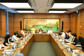 Các đại biểu Quốc hội đoàn Hà Nội thảo luận ở tổ về các dự án luật. (Ảnh: Xuân Quảng/Vietnam+)