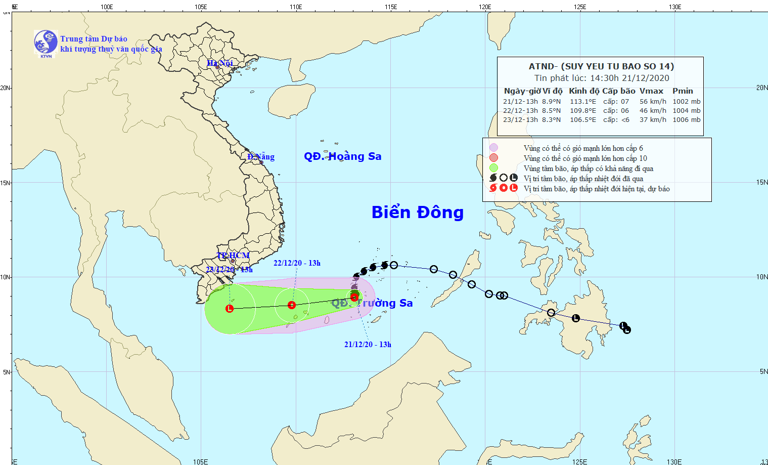 Bão số 14 suy yếu thành áp thấp nhiệt đới, đi về hướng Tây Tây Nam ảnh 1