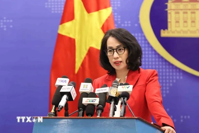 Người phát ngôn Bộ Ngoại giao Phạm Thu Hằng chủ trì họp báo. (Ảnh: An Đăng/TTXVN)