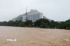 Mực nước trên sông Lô (đoạn qua phường Hà Giang 1) dâng lên rất nhanh, gây ngập lụt trên diện rộng. (Ảnh: Đức Thọ/TTXVN)