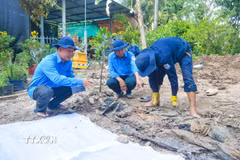 Đội K91 thực hiện nhiệm vụ tìm kiếm hài cốt liệt sỹ trên địa bàn xã Phú Hựu, tỉnh Đồng Tháp. (Ảnh: TTXVN phát)