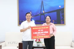 Chủ tịch Ủy ban Mặt trận Tổ quốc Việt Nam tỉnh Bắc Giang Đinh Đức Cảnh trao tặng Ủy ban Mặt trận Tổ quốc Việt Nam tỉnh Bến Tre bảng tượng trưng 3 tỷ đồng, để xây dựng 50 căn nhà Đại đoàn kết cho các hộ khó khăn về nhà ở tại tỉnh Bến Tre. (Ảnh: Chương Đài/TTXVN)