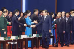 Chủ tịch Quốc hội Trần Thanh Mẫn cùng các đại biểu dự khai mạc Đại hội. (Ảnh: Phương Hoa/TTXVN)