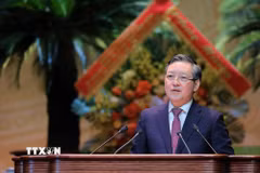 Đồng chí Lương Quốc Đoàn, Ủy viên Trung ương Đảng, Chủ tịch Hội Nông dân Việt Nam khóa IX, nhiệm kỳ 2026-2031 phát biểu nhận nhiệm vụ. (Ảnh: Lê Đông/TTXVN)