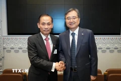 Bí thư Trung ương Đảng, Quyền Bộ trưởng Ngoại giao Việt Nam Lê Hoài Trung gặp Bộ trưởng Ngoại giao Hàn Quốc Cho Hyun. (Ảnh: TTXVN phát)