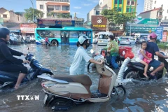 Quanh khu vực Khu đô thị Tân Tây Đô, xã Ô Diên, vẫn trong tình trạng ngập nặng. (Ảnh: Văn Điệp/TTXVN)