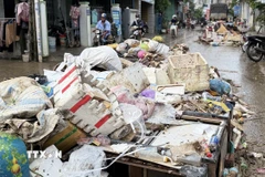 Hàng trăm tấn rác trôi dạt trong vùng ngập lũ của phường Tuy Hòa. (Ảnh: Tường Quân/TTXVN)