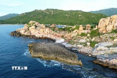 Du khách khám phá bãi đá san hô cổ Hang Rái nằm trong Khu dự trữ sinh quyển thế giới Núi Chúa (huyện Ninh Hải). (Ảnh: TTXVN phát)