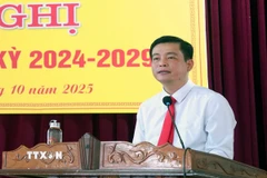 Ông Nguyễn Thành Đồng, Chủ tịch Ủy ban Mặt trận Tổ quốc Việt Nam tỉnh Hà Tĩnh nhiệm kỳ 2024-2029, phát biểu tại Hội nghị. (Ảnh: Công Tường/TTXVN)