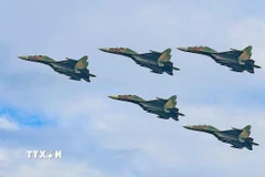 Màn trình diễn của máy bay tiêm kích Su-30MK2 trên bầu trời Hà Nội. (Ảnh: TTXVN)