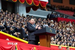 Tổng Bí thư Đảng Lao động Triều Tiên, Chủ tịch Quốc vụ Kim Jong Un phát biểu tại lễ kỷ niệm 80 năm thành lập Đảng Lao động Triều Tiên ở thủ đô Bình Nhưỡng ngày 9/10/2025. (Ảnh: THX/TTXVN)