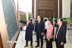 Các đại biểu tham quan hệ thống tư liệu về ma nhai núi Non Nước tại tọa đàm. (Ảnh: Đức Phương/TTXVN)
