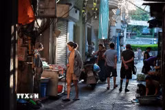 Người dân tranh thủ đi chợ từ sáng sớm khi nền nhiệt ngoài trời còn dễ chịu hơn so với ban ngày. (Ảnh: Phạm Tuấn Anh/TTXVN)