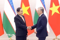 Chủ tịch Quốc hội Trần Thanh Mẫn hội kiến Tổng thống Uzbekistan Shavkat Mirziyoyev. (Ảnh: Doãn Tấn/ TTXVN)