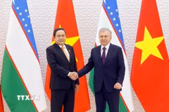 Chủ tịch Quốc hội Trần Thanh Mẫn hội kiến Tổng thống Uzbekistan Shavkat Mirziyoyev. (Ảnh: Doãn Tấn/ TTXVN)
