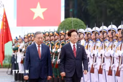 Tổng Bí thư, Chủ tịch nước Tô Lâm và Tổng thống Hàn Quốc Lee Jae Myung duyệt Đội danh dự Quân đội nhân dân Việt Nam. (Ảnh: Thống Nhất/TTXVN)