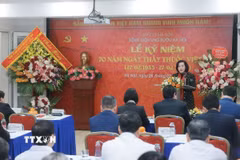 Phó Chủ tịch Quốc hội Nguyễn Thị Thanh phát biểu chúc mừng các thầy thuốc Bệnh viện Ung bướu Hà Nội. (Ảnh: Minh Quyết/TTXVN)