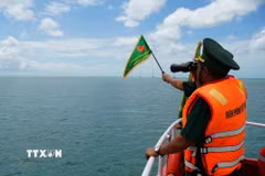 Cán bộ, chiến sỹ Trạm kiểm soát Biên phòng Rạch Đầm, Đồn Biên phòng cửa khẩu An Thới (Ban Chỉ huy Bộ đội Biên phòng An Giang) tuần tra, kiểm soát trên khu vực biển Phú Quốc (An Giang). (Ảnh: Lê Huy Hải/TTXVN)