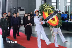 Đoàn Thông tấn xã Việt Nam do Phó Tổng Giám đốc Đoàn Thị Tuyết Nhung dẫn đầu vào viếng nguyên Chủ tịch nước Trần Đức Lương. (Ảnh: TTXVN)