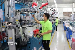 Công nhân nhà máy Sung Hwa Vina (vốn Hàn Quốc) tại Khu Công nghiệp Hòa Bình (Tây Ninh) kiểm tra sợi trên máy dệt tất. (Ảnh: Minh Hưng/TTXVN)