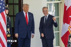 Tổng thống Mỹ Donald Trump (giữa) và Thủ tướng Canada Mark Carney (phải) tại cuộc gặp ở Nhà Trắng, Washington, D.C., ngày 6/5/2025. (Ảnh: THX/TTXVN)
