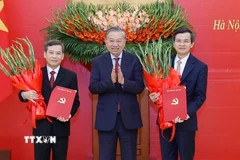 Tổng Bí thư Tô Lâm trao Quyết định của Bộ Chính trị cho các đồng chí Lê Minh Trí (bên trái) và Đoàn Minh Huấn (bên phải). (Ảnh: Thống Nhất/TTXVN)