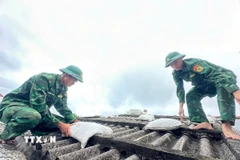 Các chiến sỹ giúp người dân đưa bao cát lên mái nhà để tránh tốc mái tôn khi gió bão. (Ảnh: TTXVN phát)
