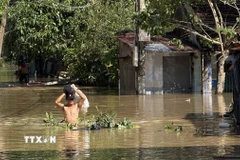 Người dân di chuyển qua vùng ngập lụt. (Ảnh: Tường Quân/TTXVN)