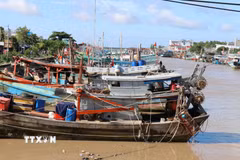 Tàu thuyền neo đậu tại Cảng cá Định An, xã Đại An, tỉnh Vĩnh Long. (Ảnh: Thanh Hòa/ TTXVN)