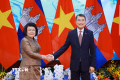 Thủ tướng Lê Minh Hưng hội kiến Chủ tịch Quốc hội Campuchia Samdech Khuon Sudary. (Ảnh: Dương Giang/TTXVN)