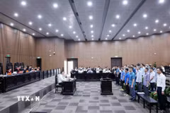 Ngành Nội chính Đảng, nhất là Ban Nội chính Trung ương - Cơ quan Thường trực của Ban Chỉ đạo Trung ương về phòng, chống tham nhũng trở thành chỗ dựa tin cậy vững chắc của Đảng trong tham mưu xây dựng đường lối, chính sách để không ai có thể tham nhũng; tham mưu, định hướng chỉ đạo giải quyết, xử lý, truy tố, điều tra, xét xử các vụ việc, vụ án lớn, phức tạp được dư luận xã hội đặc biệt quan tâm Trong ảnh: Phiên tòa xét xử 29 bị cáo trong vụ án “Vi phạm quy định về đấu thầu gây hậu quả nghiêm trọng”, “Lợi dụng chức vụ, quyền hạn trong khi thi hành công vụ”, “Lợi dụng chức vụ, quyền hạn gây ảnh hưởng đối với người khác để trục lợi” xảy ra tại Công ty Cổ phần Tập đoàn Thuận An (Tập đoàn Thuận An). (Ảnh: Phạm Kiên/TTXVN)