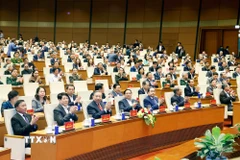 Tổng Bí thư Tô Lâm và các đồng chí lãnh đạo, nguyên lãnh đạo Đảng Nhà nước dự hộ nghị tại điểm cầu Hội trường Diên Hồng. (Ảnh: Thống Nhất/TTXVN)