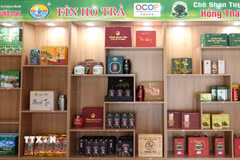 Các sản phẩm trà OCOP của tỉnh Tuyên Quang được trưng bày tại điểm giới thiệu sản phẩm. (Ảnh: Minh Tâm/TTXVN)
