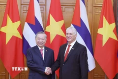 Tổng Bí thư Tô Lâm và Bí thư thứ nhất Đảng Cộng sản Cuba, Chủ tịch nước Cuba Miguel Díaz-Canel Bermúdez chụp ảnh chung. (Ảnh: Thống Nhất/TTXVN)