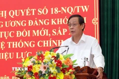 Ông Nguyễn Đức Thanh, Bí thư Tỉnh ủy Ninh Thuận phát biểu tại hội nghị tổng kết việc thực hiện Nghị quyết 18 về sắp xếp tổ chức bộ máy. (Ảnh: Công Thử/TTXVN)