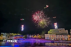 Màn trình diễn drone tái hiện hình tượng Rồng-Phượng trên bầu trời Hội An. (Ảnh: Trần Lê Lâm/TTXVN)