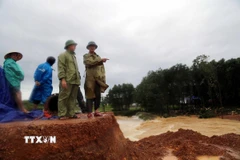 Lãnh đạo Sở Nông nghiệp và Môi trường, lãnh đạo Ủy ban Nhân dân xã Thái Thủy, huyện Lệ Thủy, tỉnh Quảng Bình, kiểm tra đập Dạ Lam. (Ảnh: Tá Chuyên/TTXVN)